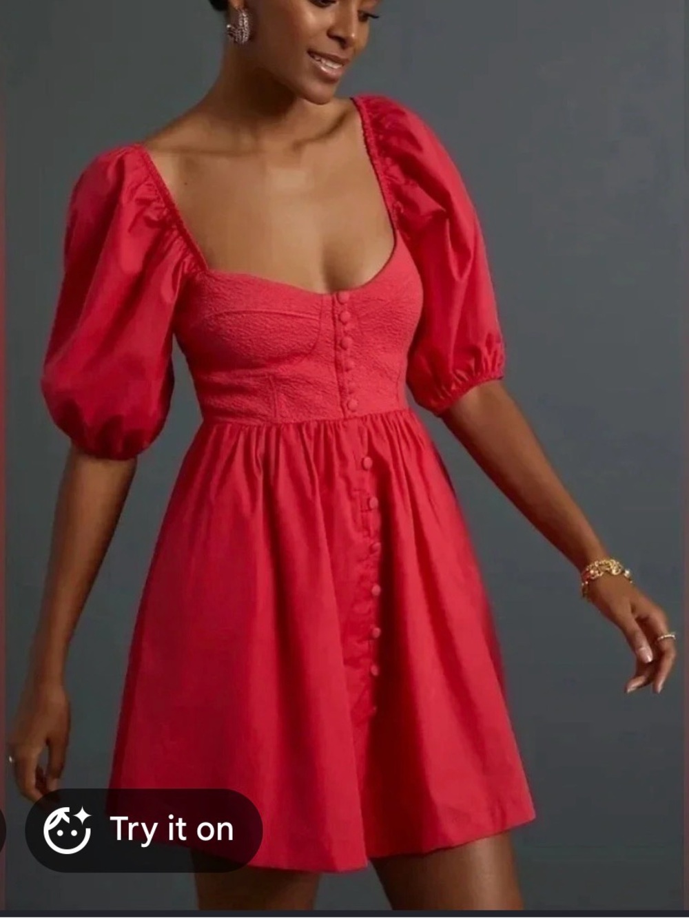 Anthropologie Red Puff-Sleeve Button-Front Mini Dress